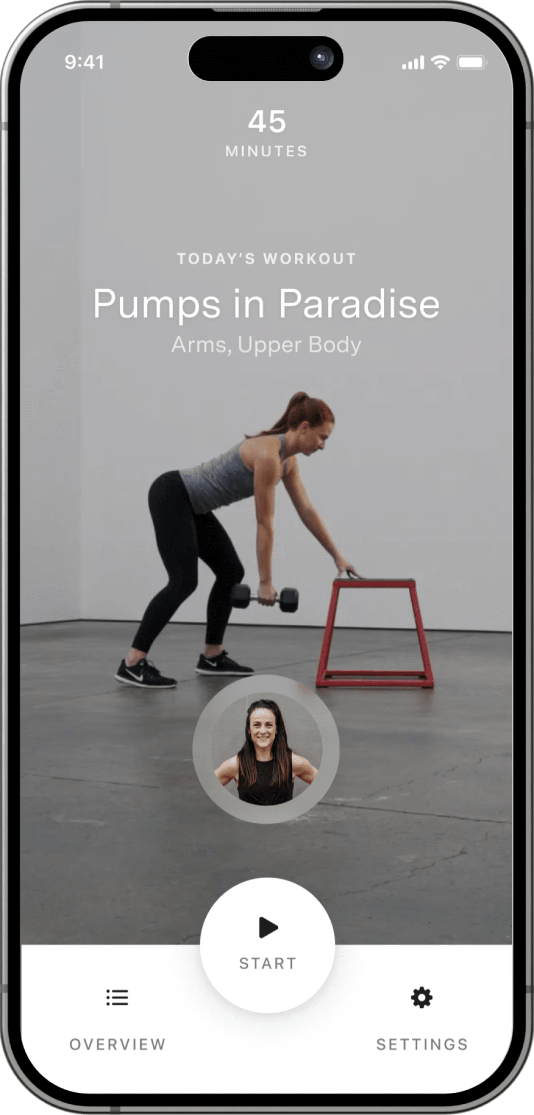 A smartphone screen displays a guided workout on the Future app featuring a session titled 'Pumps in Paradise' focused on arms and upper body. A woman is featured performing a bent-over row with a dumbbell while placing one hand on a red workout box. A circular profile image of a smiling female coach is positioned above a 'Start' button at the bottom of the screen, with 'Overview' and 'Settings' options on either side. When the 'Overview' option is tapped, a bottom sheet is revealed listing all exercises for the current workout session. Completed exercises, marked with green checkmarks, include Knee Hugs, Rotational Side Plank, 3 Point Dumbbell Rows, and Bicycles. The current exercise, highlighted in blue, is Dumbbell Goblet Squats (10 reps with 20 lb dumbbells). The next exercise listed is Dumbbell Bicep Curls (10 reps with 15 lb dumbbells).